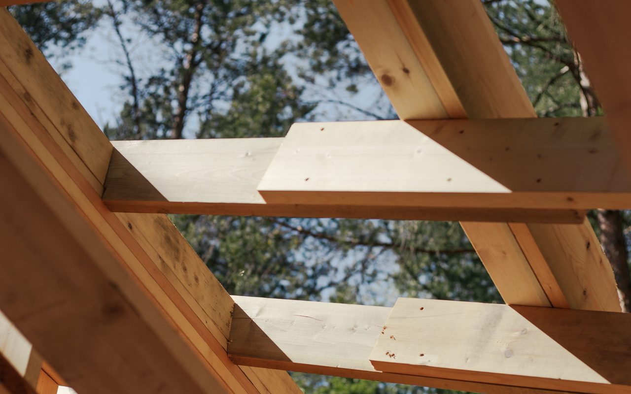 Blick von unten in einen neuen Holzdachstuhl: Sparren und Latten vor blauem Himmel und Kiefern