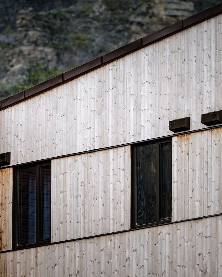 Moderne Gebäudefassade aus senkrechten hellen Holzbrettern mit dunklen Fenstern und dunklem Holzteil